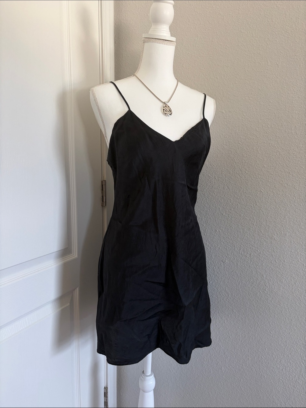 Women’s Black silk Slip Dress with Spaghetti Straps